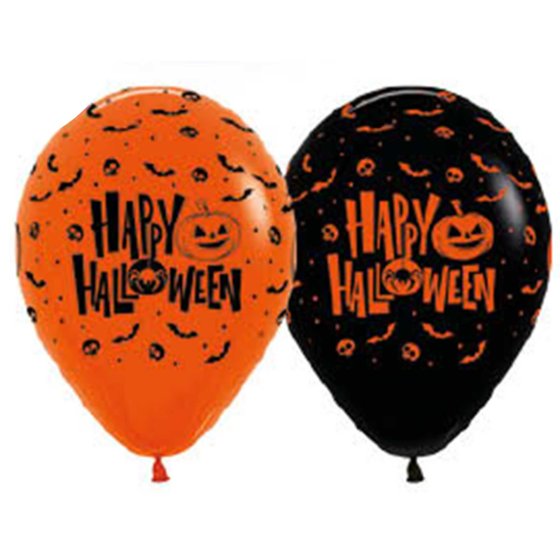 Happy Halloween AO Print Orange & Black Latex Balloons 30cm 12pk