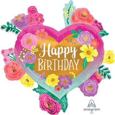 Happy Birthday Painted Flowers SuperShape Foil Balloon Each