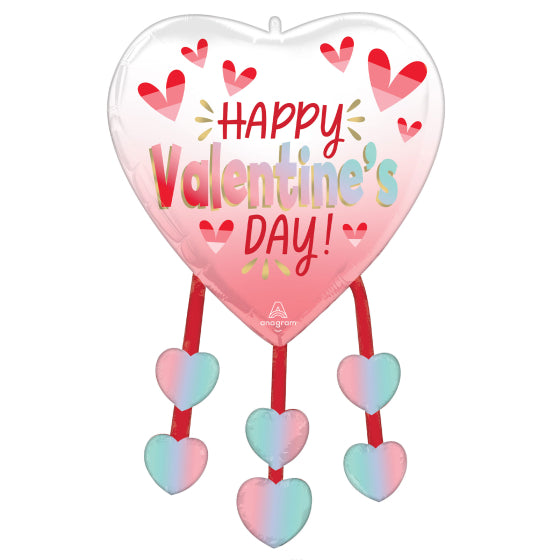 Happy Valentine's Day Diffused Ombre Hearts & Danglers SuperShape Foil Balloon 53cm x 86cm Each