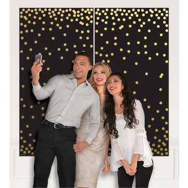 Black & Gold Confetti Dots Photo Booth Plastic Scene Setter 165cm x 165cm 2pk