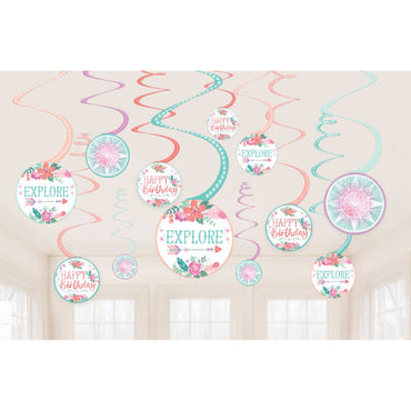 Free Spirit Happy Birthday Spiral Decorations Value Pack