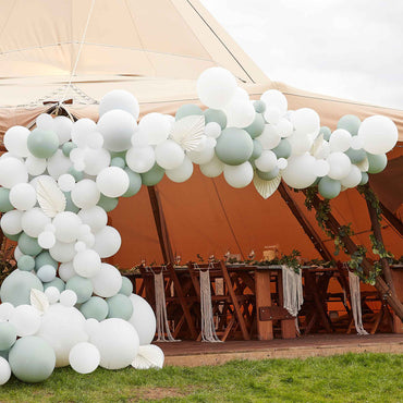 White & Sage Balloon Arch & Paper Fans