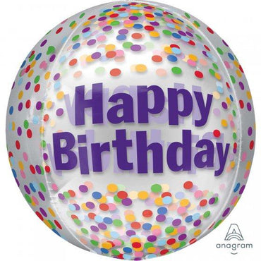 Happy Birthday Funfetti Clear Orbz Balloon 38cm x 40cm Each