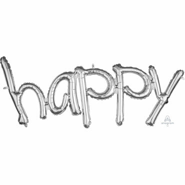 Script Phrase happy Silver Foil Balloon 104cm x 50cm Each