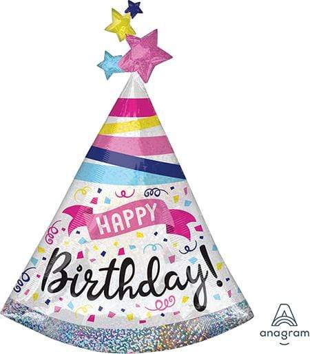 Holographic Happy Birthday Hat Sparkle Banner Supershape Foil Balloon