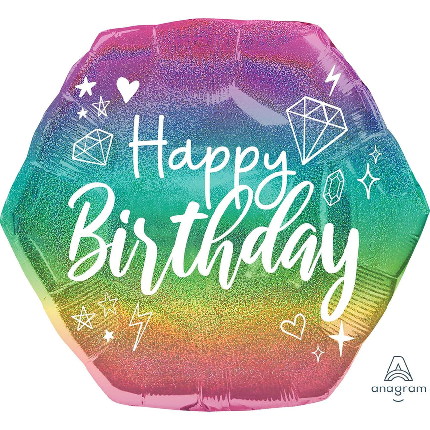 Holographic Sparkle Happy Birthday Supershape Foil Balloon 58cm x 55cm Each