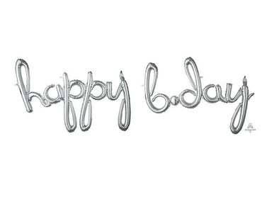 Silver Happy Bday Script Supershape Foil Balloon Each