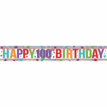 Holographic Happy Birthday 100th Multi-Coloured-Coloured Banner 2.7m Each