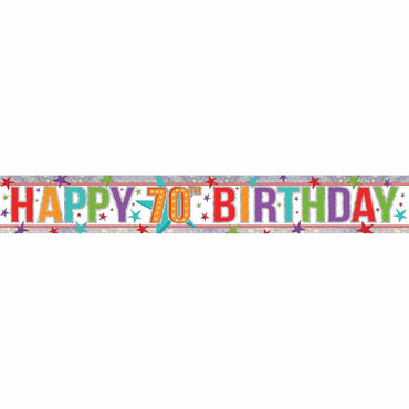 Holographic Happy Birthday 70th Multi-Coloured Banner 2.7m Each