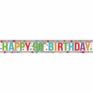 Holographic Happy Birthday 90th Multi-Coloured-Coloured Banner 2.7m Each