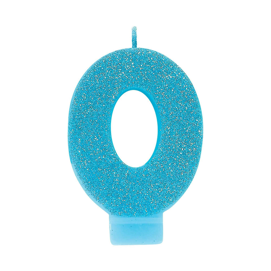 #0 Blue Glitter Numeral Candle 8cm Each