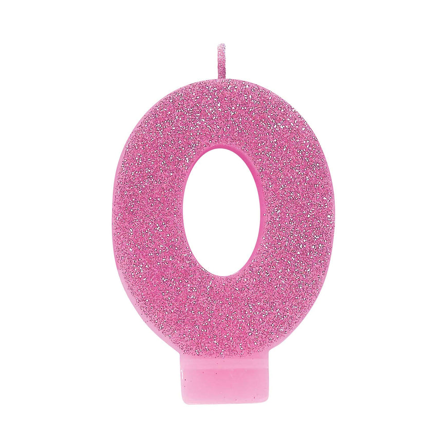 #0 Pink Glitter Numeral Candle 8cm Each