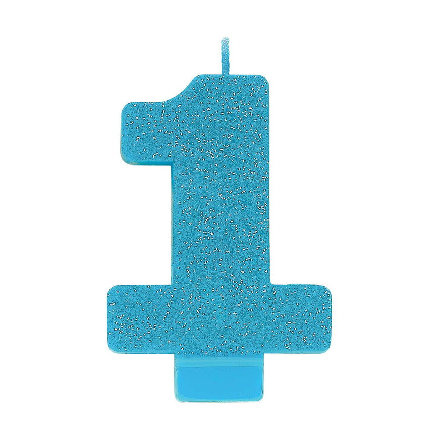 #1 Blue Glitter Numeral Candle 8cm Each