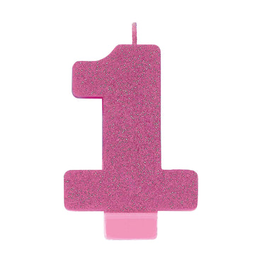 #1 Pink Glitter Numeral Candle 8cm Each