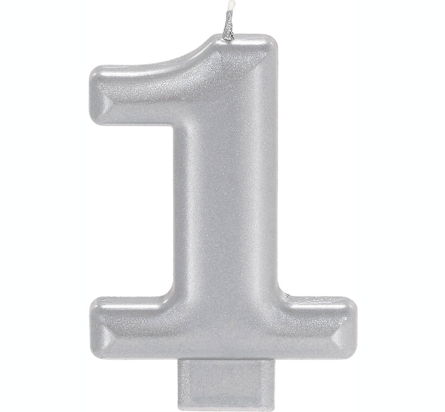 #1 Silver Metallic Numeral Moulded Candle 8cm Each