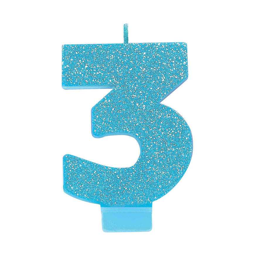 #3 Blue Glitter Numeral Candle 8cm Each