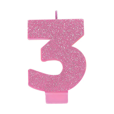 #3 Pink Glitter Numeral Candle 8cm Each