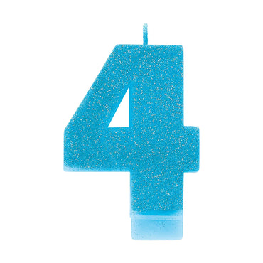 #4 Blue Glitter Numeral Candle 8cm Each