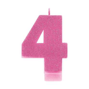 #4 Pink Glitter Numeral Candle 8cm Each