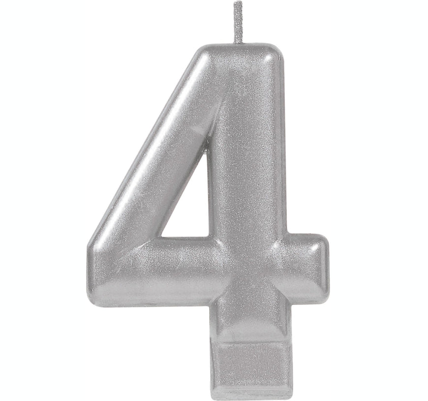 #4 Silver Metallic Numeral Moulded Candle 8cm Each