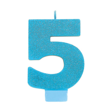 #5 Blue Glitter Numeral Candle 8cm Each