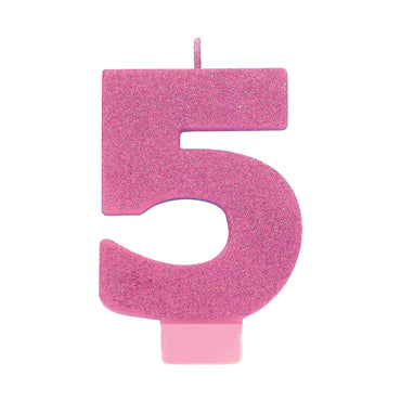 #5 Pink Glitter Numeral Candle 8cm Each