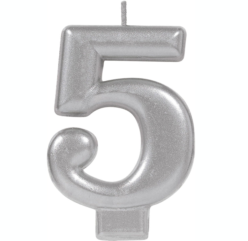 #5 Silver Metallic Numeral Moulded Candle 8cm Each