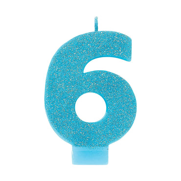 #6 Blue Glitter Numeral Candle 8cm Each