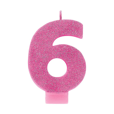 #6 Pink Glitter Numeral Candle 8cm Each