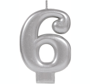 #6 Silver Metallic Numeral Moulded Candle 8cm Each