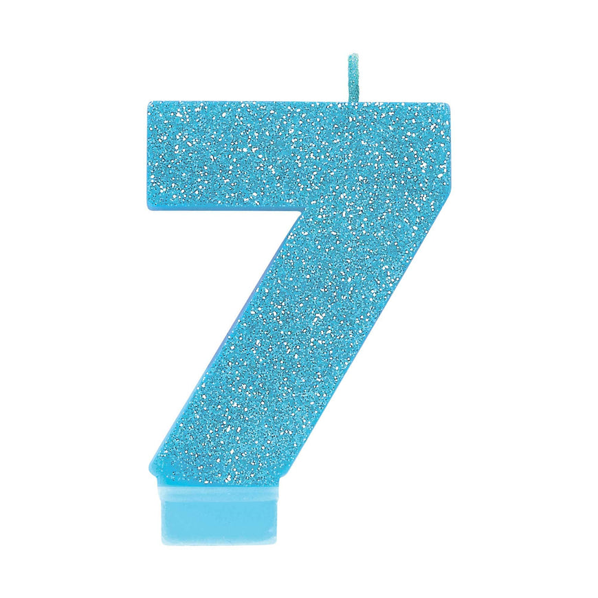 #7 Blue Glitter Numeral Candle 8cm Each