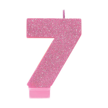 #7 Pink Glitter Numeral Candle 8cm Each