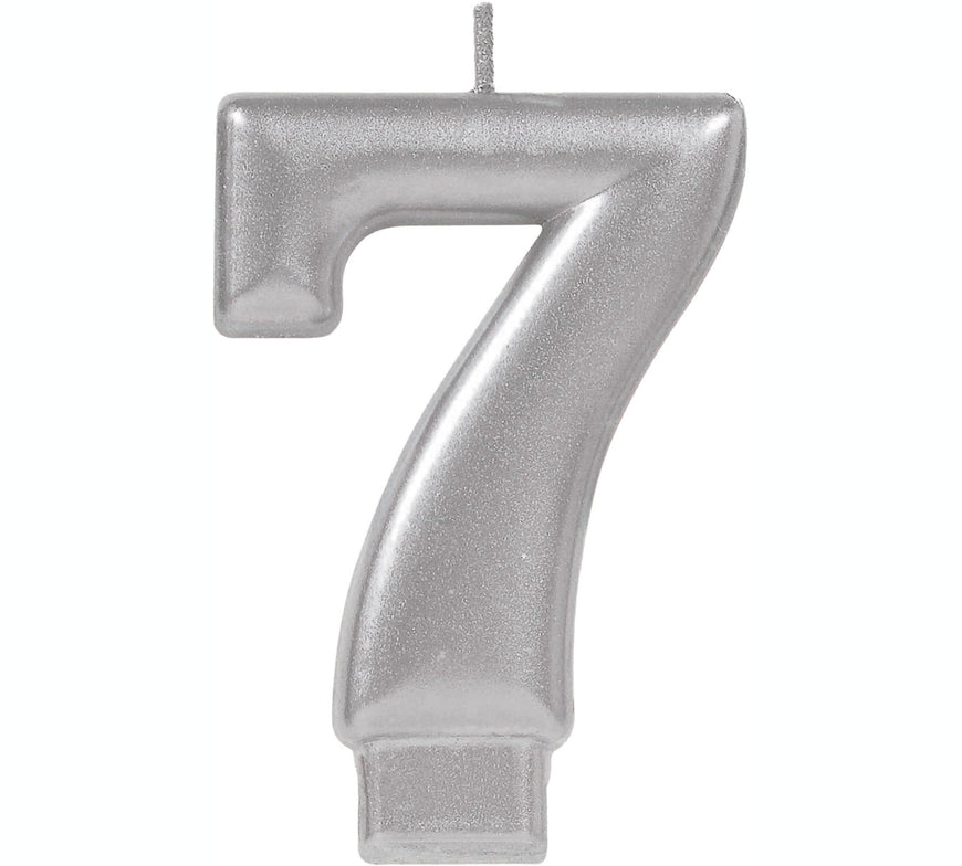 #7 Silver Metallic Numeral Moulded Candle 8cm Each