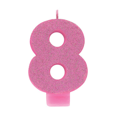 #8 Pink Glitter Numeral Candle 8cm Each