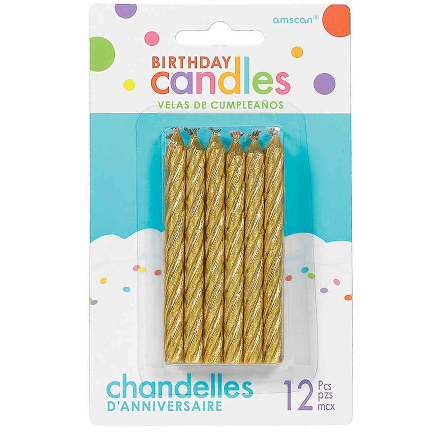 Gold Birthday Candles Large Spiral Glitter 8cm 12pk