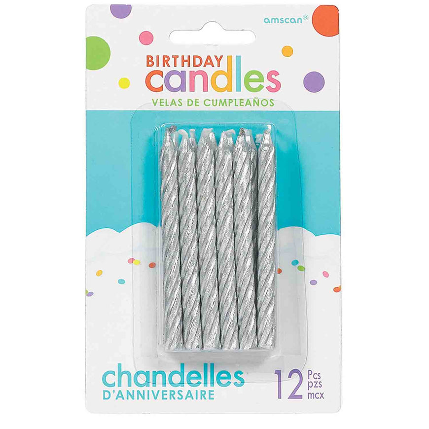 Silver Birthday Candles Large Spiral Glitter 8cm 12pk