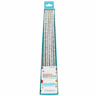 Silver Long Thin Taper Candles 25cm 12pk