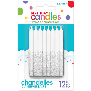 White & Silver Glitter Dip Candles 8cm 12pk