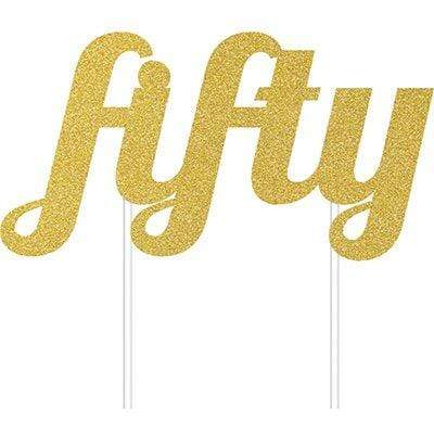 Cake Topper fifty Gold Glittered 14cm x 15cm Each