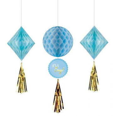 Baby Shower Boy Honeycomb Hanging Decorations 3pk