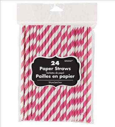 Bright Pink Paper Straws 19cm 24pk