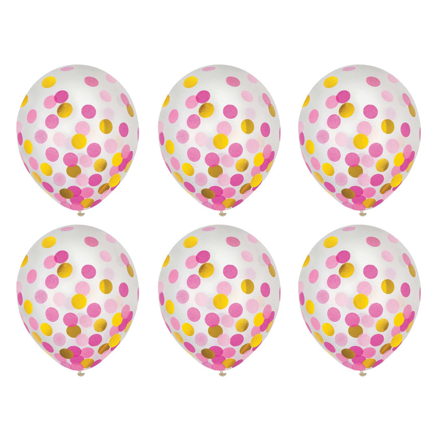 Pink & Gold Confetti Latex Balloon 30cm 6pk - Party Savers