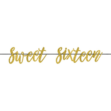 Elegant Sixteen Blush Gold Sweet Sixteen Glittered Ribbon Letter Banner 20cm x 3.65m Each - Party Savers