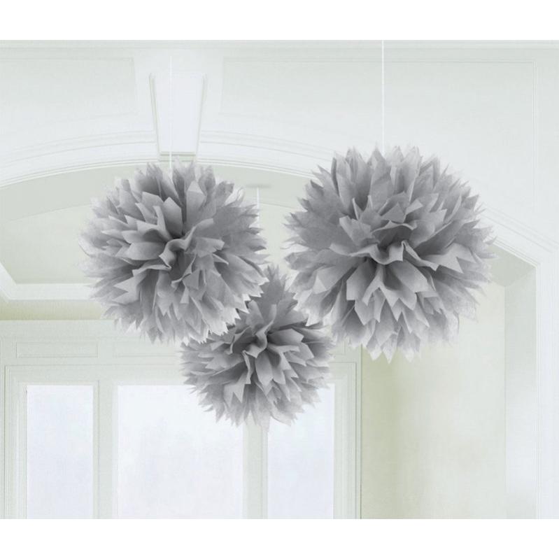 Silver Fluffy Tissue Decorations 40cm 3Pk