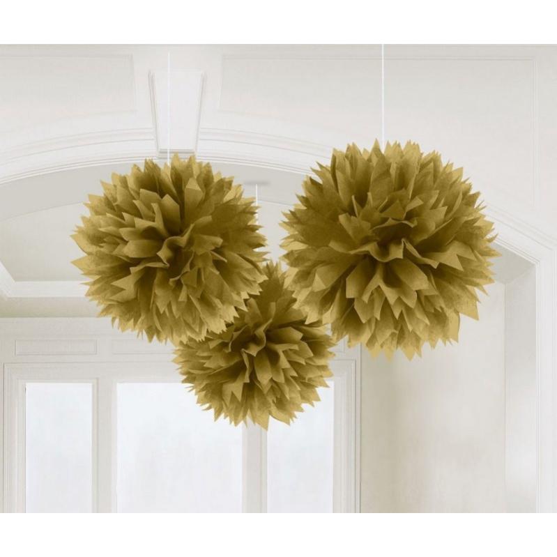 Gold Fluffy Tissue Decorations 40cm 3Pk