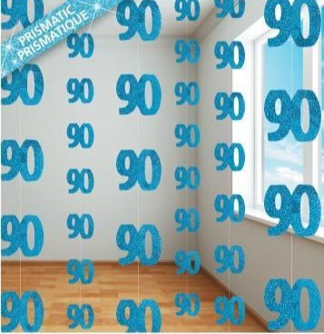 Blue Glitz 90th Hanging Decorations 1.5m 6pk - Party Savers