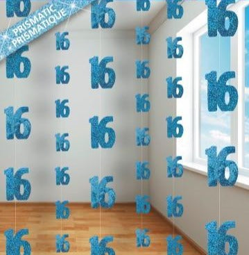 Blue Glitz 16th Hanging Decorations 1.5m 6pk - Party Savers