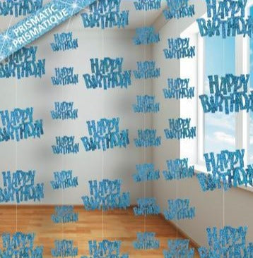 Blue Glitz Happy Birthday Hanging Decorations 1.5m 6pk - Party Savers