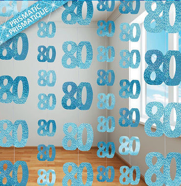 Blue Glitz 80th Hanging Decorations 1.5m 6pk - Party Savers