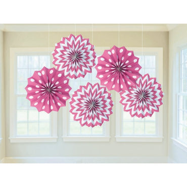 Bright Pink Fan Decorations Printed Paper 8in 5pk - Party Savers